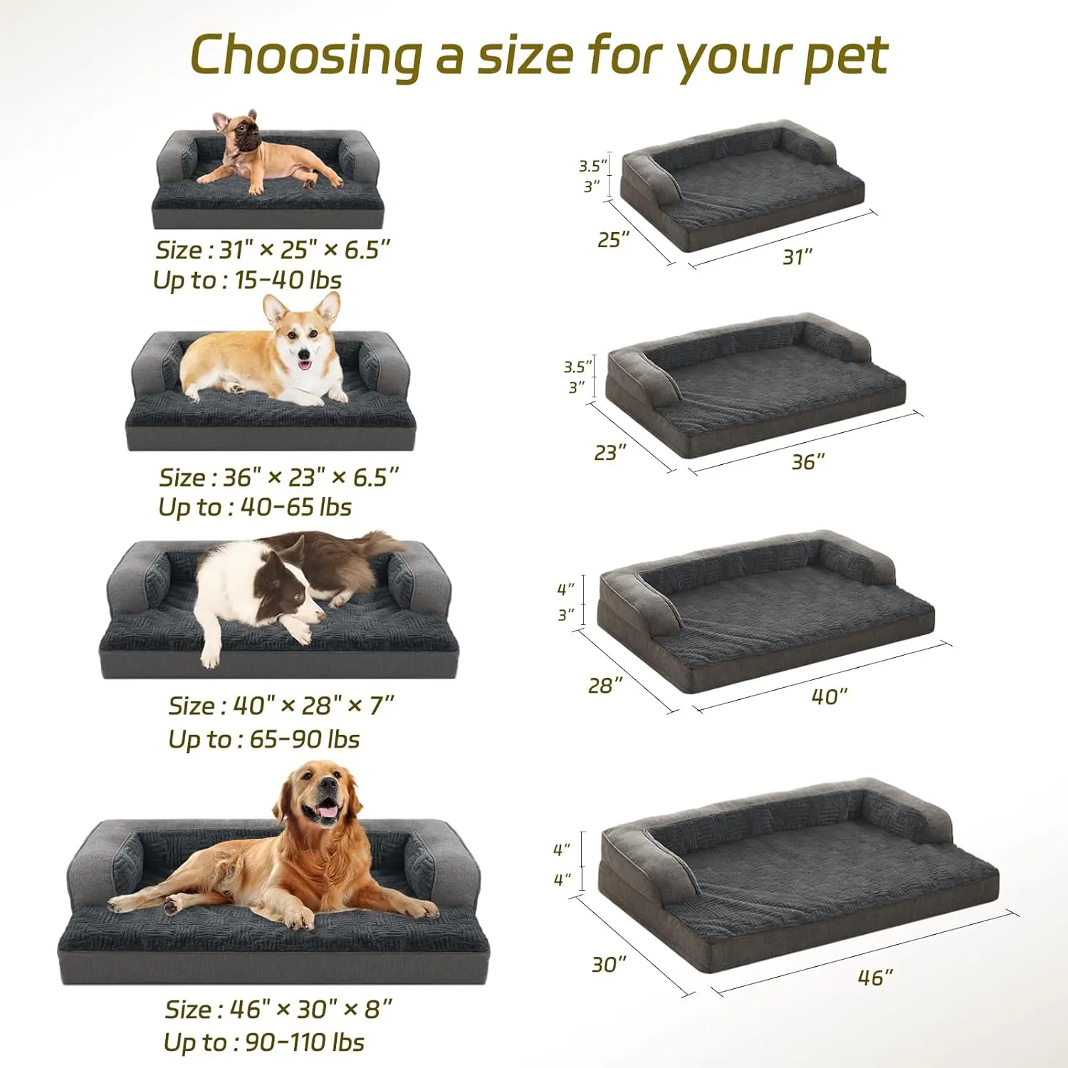 Dog Beds for XLarge,Large Dogs,Orthopedic Dog Sofa Bed with Removable Washable Cover,Waterproof Egg Foam Pet Couch Bed& Furniture,40x28 Inch, Gray