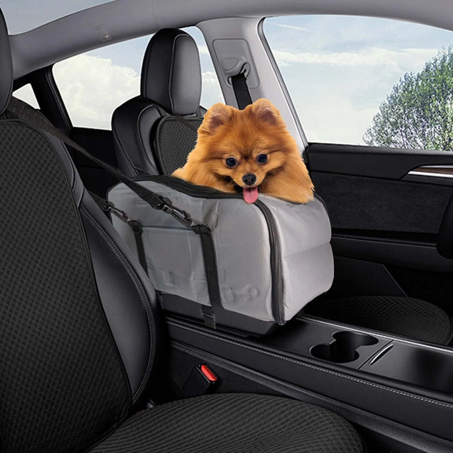 Dog Car Seat Carrier for Small Dogs Center Console Dog car seat for Small Puppy with Nubuck & Microfiber Suede, 5 Safety Straps, Adjustable Anchors & Storage Pocket (up to 12lbs, Grey)