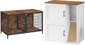Dog Crate Furniture and Litter Box Furniture Bundle, 43.3" Heavy Sturdy Dog Kennel for 2 Dogs, Wooden Double Litter Box Enclosure with Scratch Pad, Indoor Pet House, DCHR1201-CWBZ3201