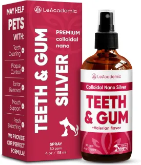 Dog Dental Spray Teeth & Gum | Cat Dental Care with Nano Silver | Dog Teeth Cleaning for Oral Cavity | Help with Tartar, Plaque, Caries | Valerian in The Composition | 4 Oz