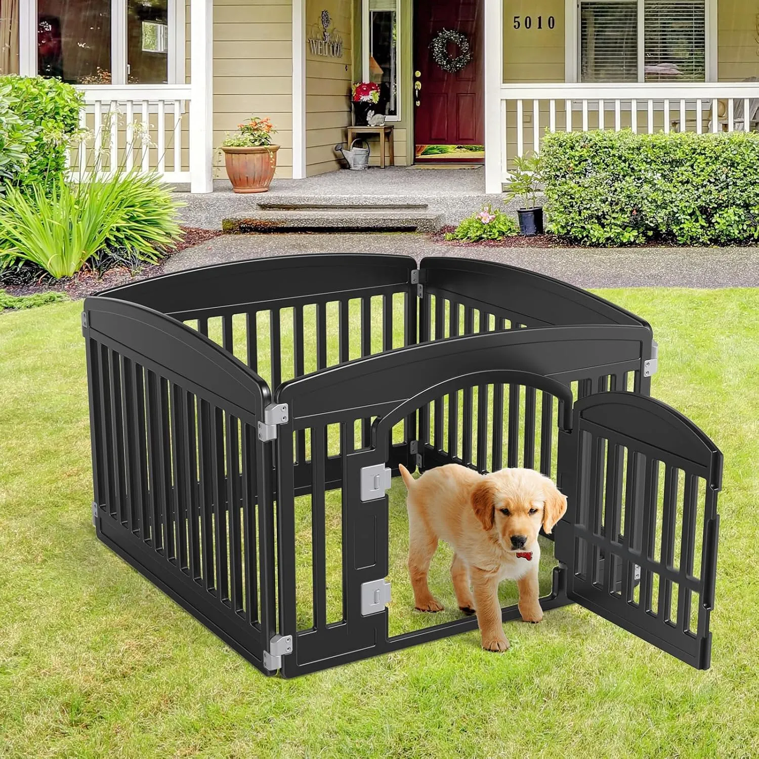 Dog Playpen Safe & Secure, Indoor/Outdoor Pet Fence, Pet Puppy Exercise Playpen, Folding & Portable | Ideal for Small to Medium Dogs, Easy to Clean, Stress-Free and Safe Play (Black, M, 4-Panel)