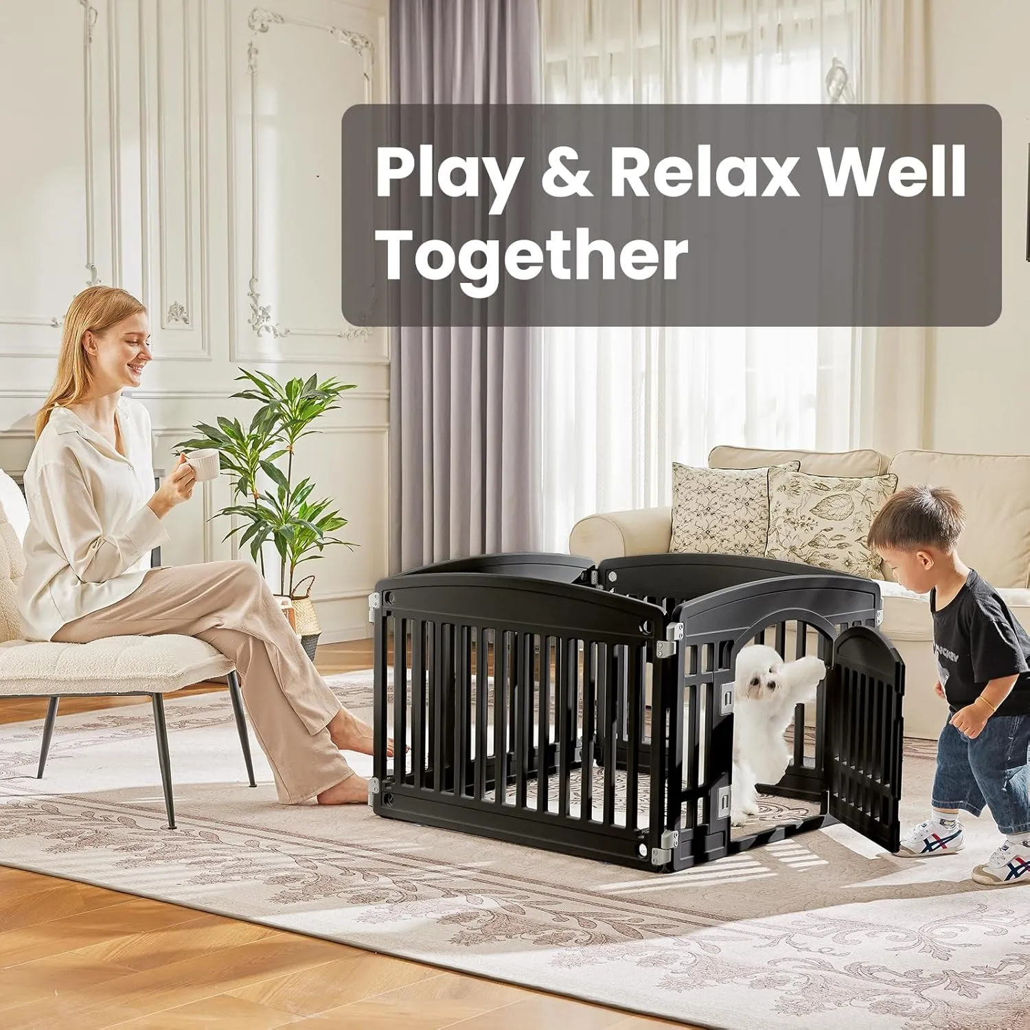 Dog Playpen Safe & Secure, Indoor/Outdoor Pet Fence, Pet Puppy Exercise Playpen, Folding & Portable | Ideal for Small to Medium Dogs, Easy to Clean, Stress-Free and Safe Play (Black, M, 4-Panel)