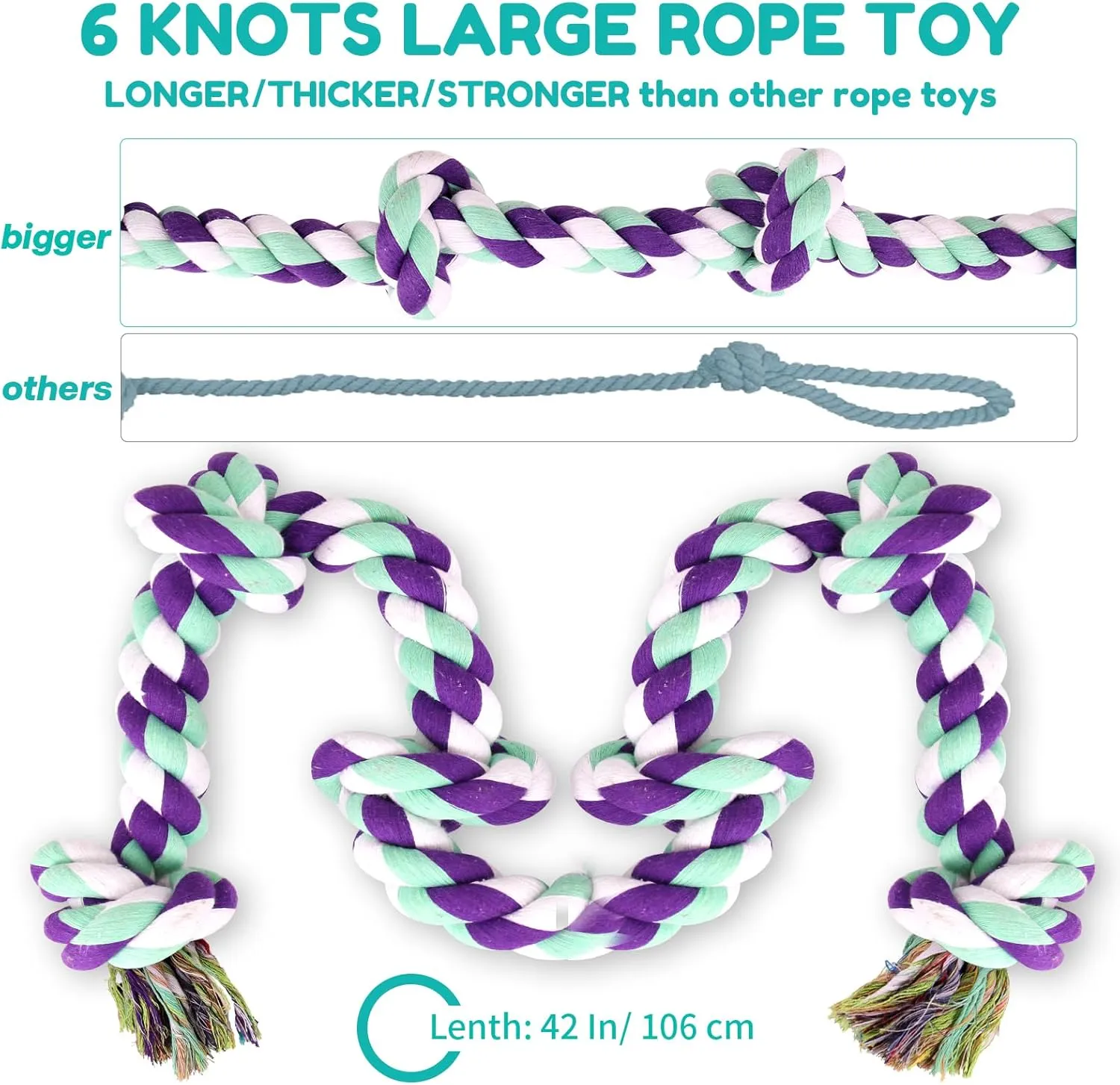 Dog Rope Toy 42In 6 Knots Indestructible Natural Cotton - Tough Chew Toys for Medium/Large Breeds Aggressive Chewers, Daily Companionship, Heavy Duty Tug of War Dog Pull Rope Teeth Cleaning
