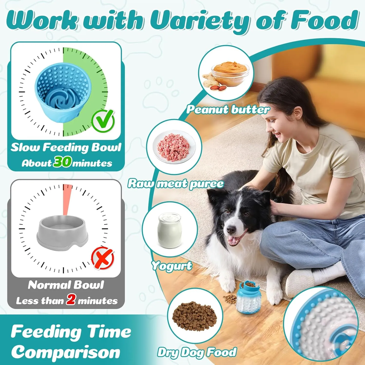 Dog Slow Feeder Lick Bowl, Slow Dog Eating Bowl, Anxiety Relief Dog Licking Mat Treat Dispenser, Non-Slip Dog Slow Feeder Bowl for Medium Large Breed Dogs Blue