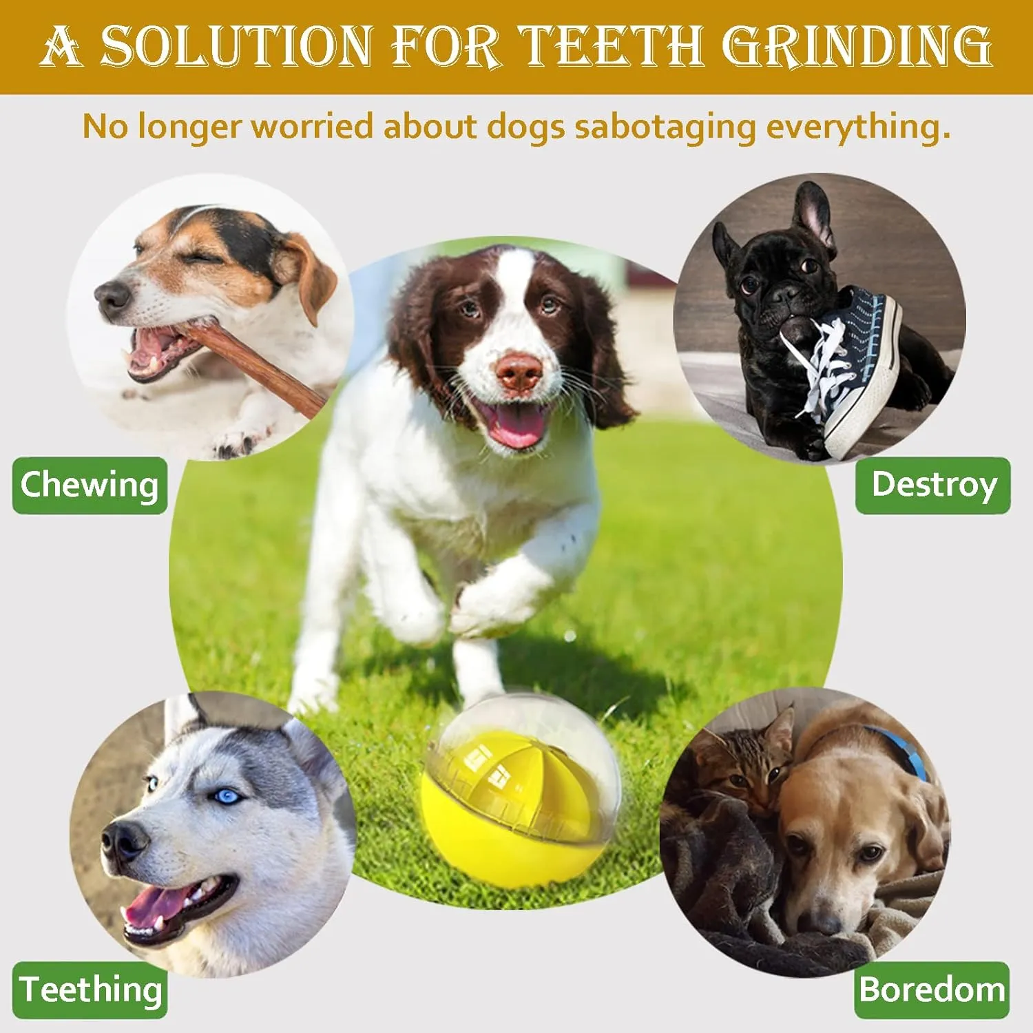 Dog Toys - Interactive Puzzle Feeder Balls for Large Dogs, Funny Squeaky Toys for Chewers (Yellow)