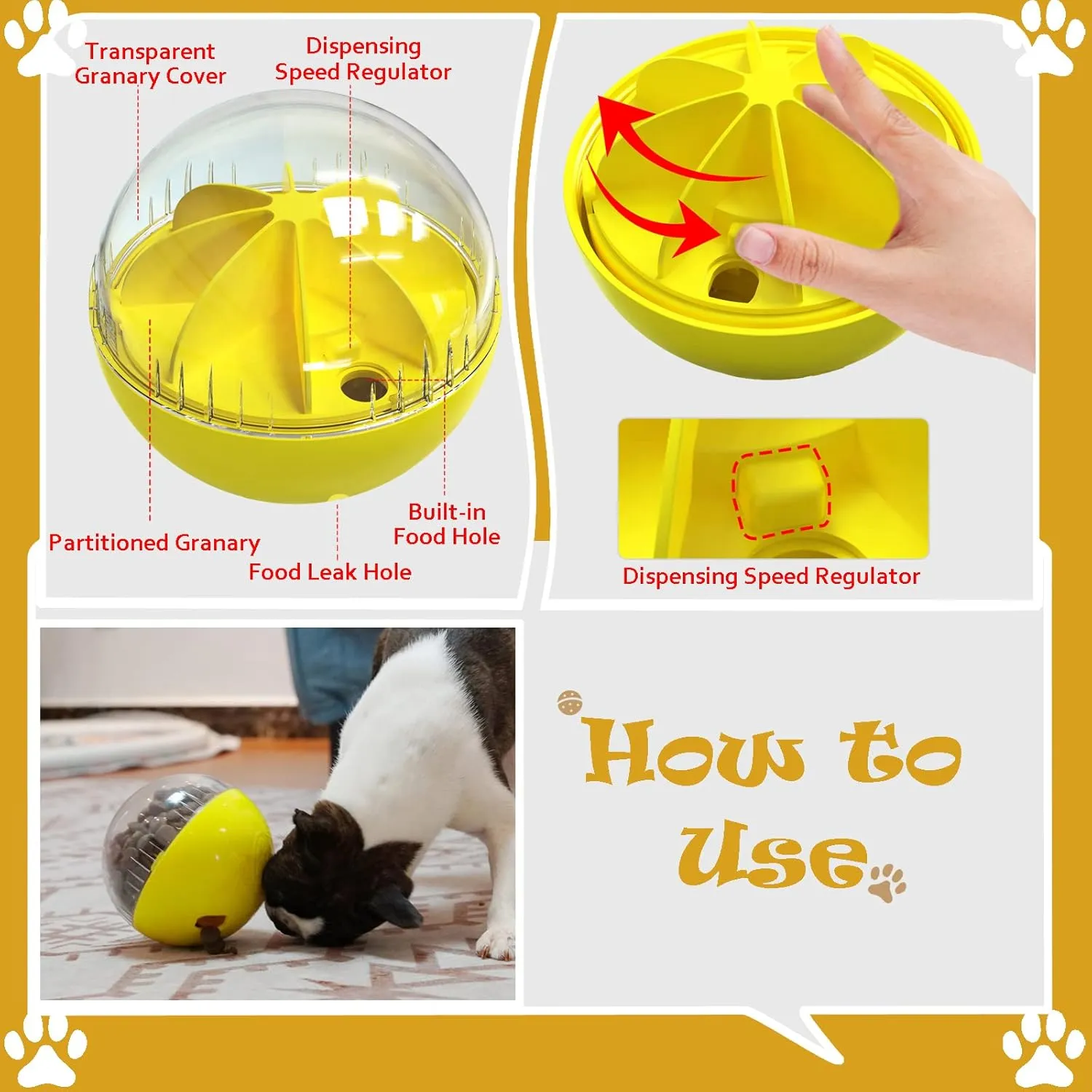 Dog Toys - Interactive Puzzle Feeder Balls for Large Dogs, Funny Squeaky Toys for Chewers (Yellow)