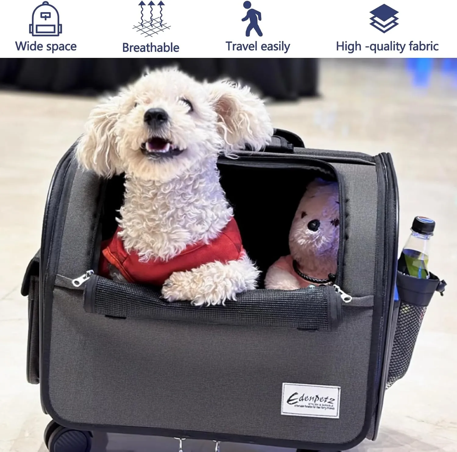 Dog Travel Bag with Removable Rolling Wheels, Airline Approved Pet Carrier, Foldable Cat Bag with Breathable Mesh, Pet Stroller(Blue)