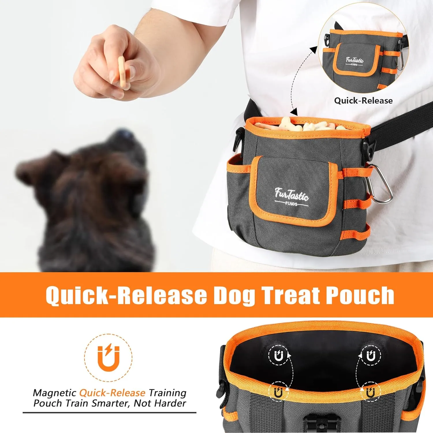Dog Treat Pouch with Quick-Release Magnetic Closure, 4.5 Cup Capacity and 3-Way Wear Treat Bags, 900D Waterproof Fabric, 4 Storage Spaces, Treat Pouch for Pet Training Walking (Grey)