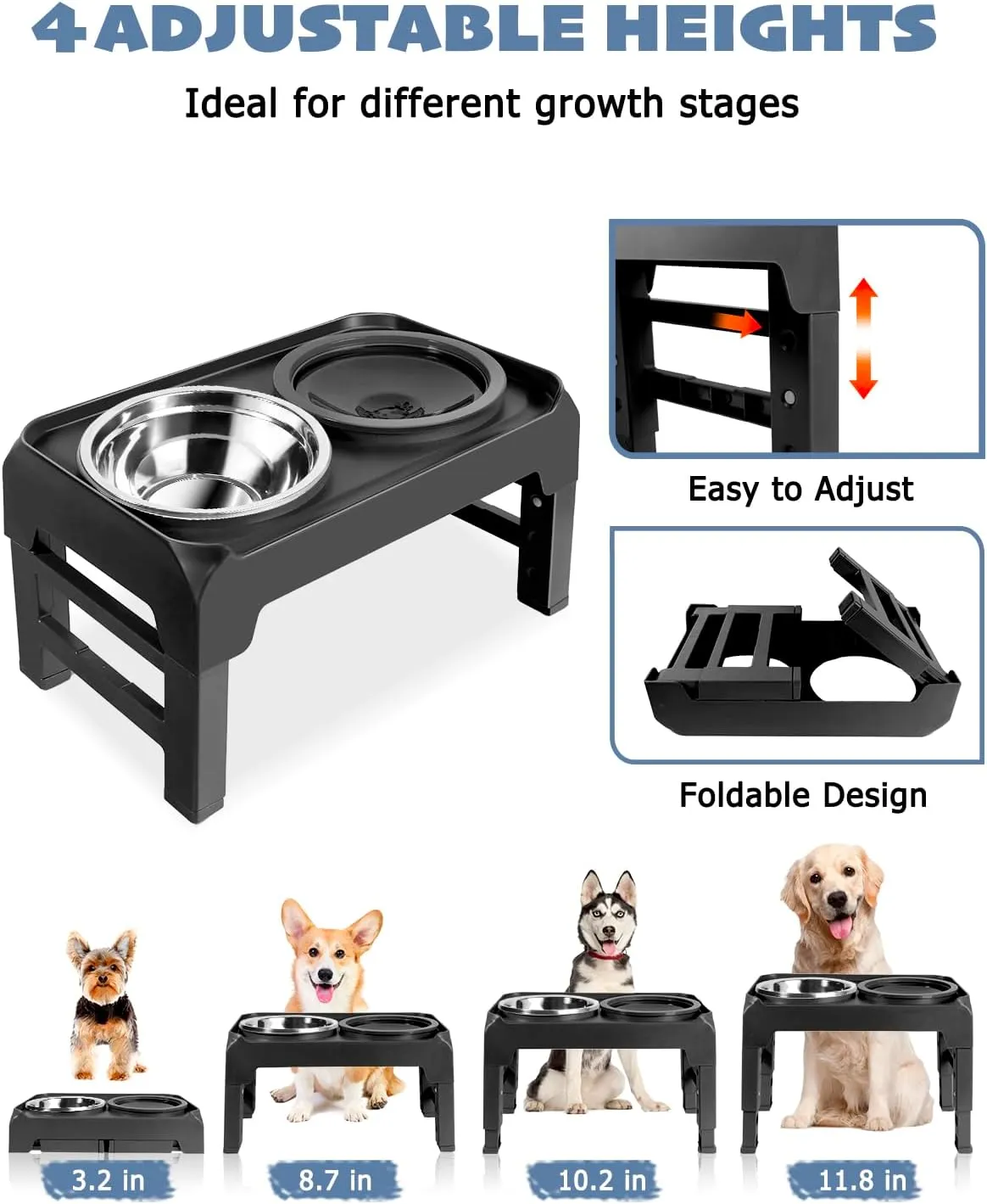 Elevated Dog Bowls, Raised Bowl Stand with No Spill Slow Water Feeder & Stainless Steel Food Dish, Feeding Station with 4 Adjustable Heights for Small Medium Large Dogs