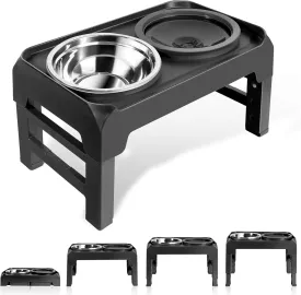 Elevated Dog Bowls, Raised Bowl Stand with No Spill Slow Water Feeder & Stainless Steel Food Dish, Feeding Station with 4 Adjustable Heights for Small Medium Large Dogs