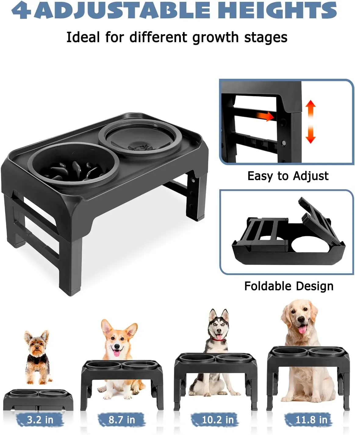 Elevated Dog Bowls, Slow Feeder & No Spill Water Bowl Stand, Raised Food Bowls with 4 Adjustable Heights for Small Medium Large Dogs