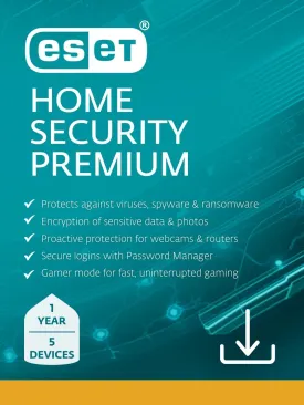 ESET Home Security Premium | Antivirus | 2025 Edition | 5 Devices | 1 Year| Password Manager | Privacy Protection | Ransomware | Anti-Theft | Digital Download [PC/Mac/Android]