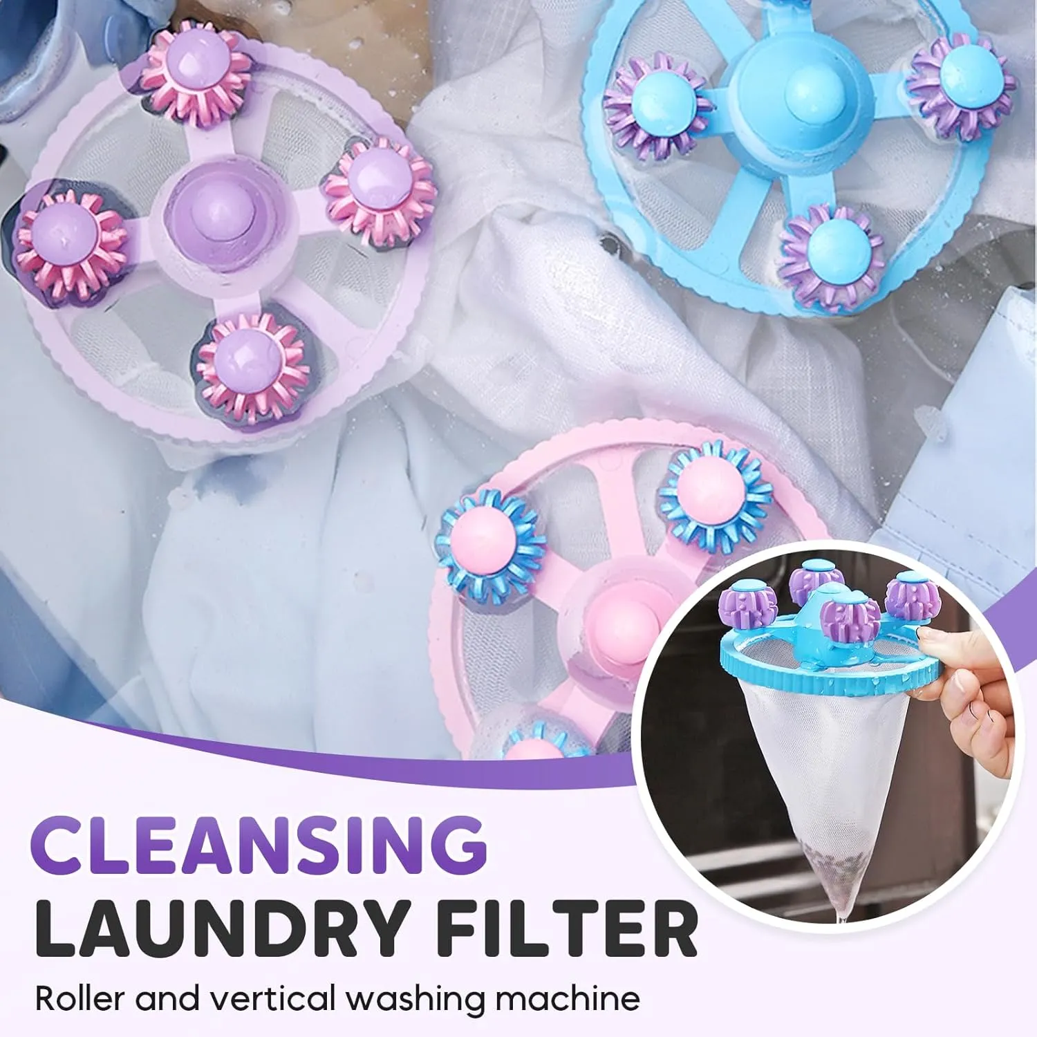 Floating Hair Filtering Mesh Removal, Lint Catcher for Washing Machine, Reusable Hair Catcher Machine, Hair Filter Cleaning Mesh Bag Dog Cat Hair Remover for Laundry (Purple)