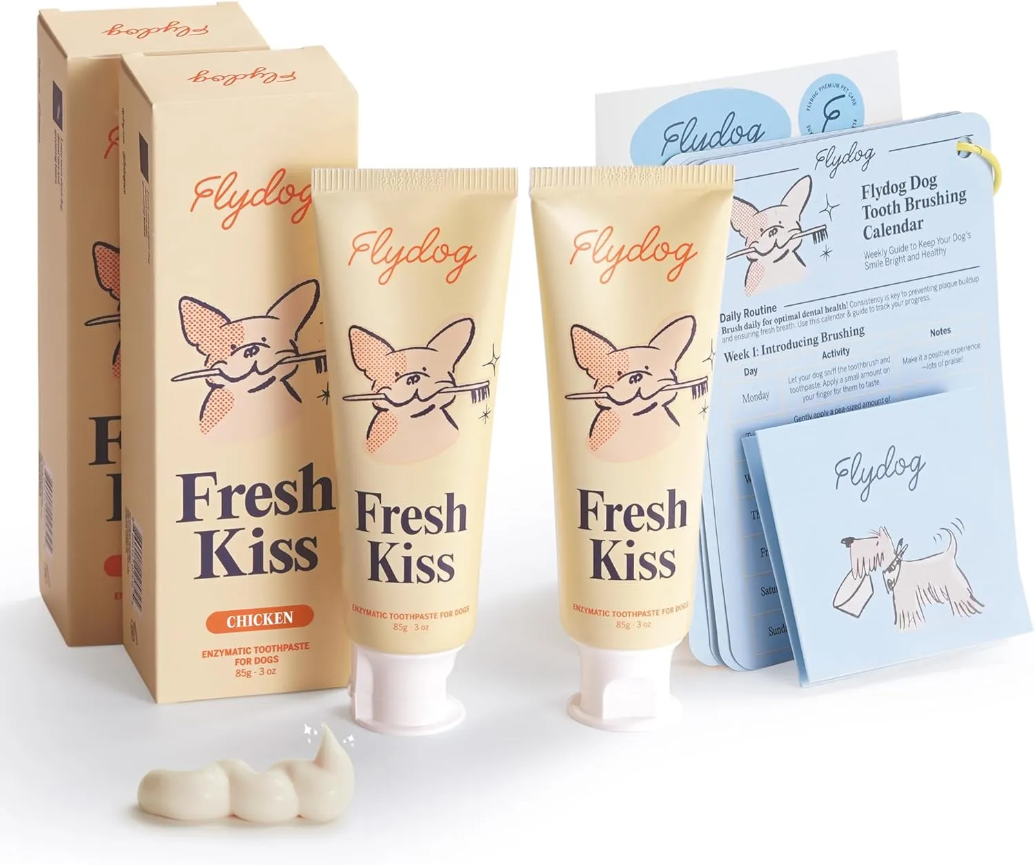 FlyDog Fresh Kiss Enzymatic Dog Toothpaste Kit - Vet Approved Organic Fomula with Coconut Oil, Tartar Remover for Dogs & Cats, 2 Tubes Pack with Toothbrushing Calendar & Brush Guide, Chicken Flavor