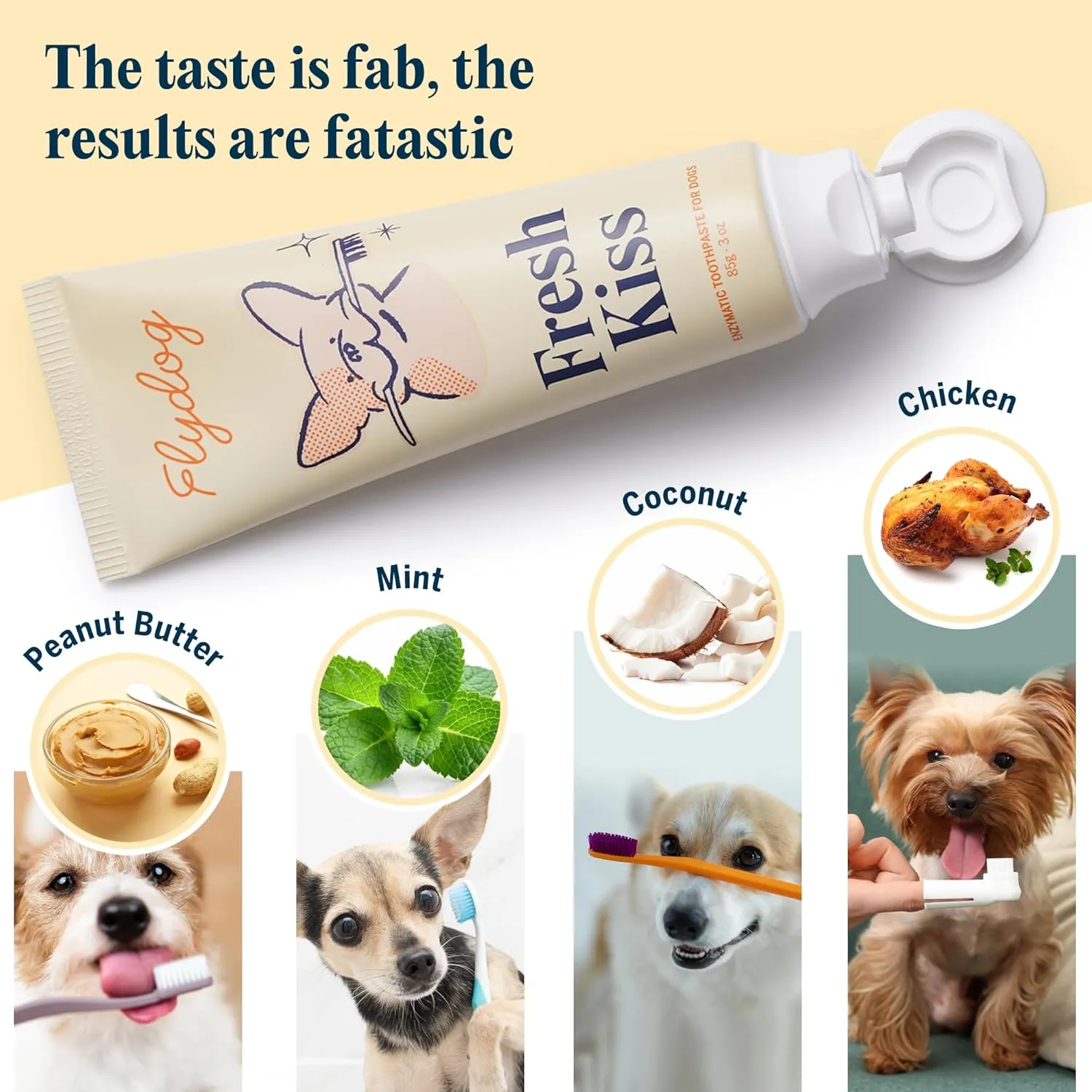 FlyDog Fresh Kiss Enzymatic Dog Toothpaste Kit - Vet Approved Organic Fomula with Coconut Oil, Tartar Remover for Dogs & Cats, 2 Tubes Pack with Toothbrushing Calendar & Brush Guide, Chicken Flavor