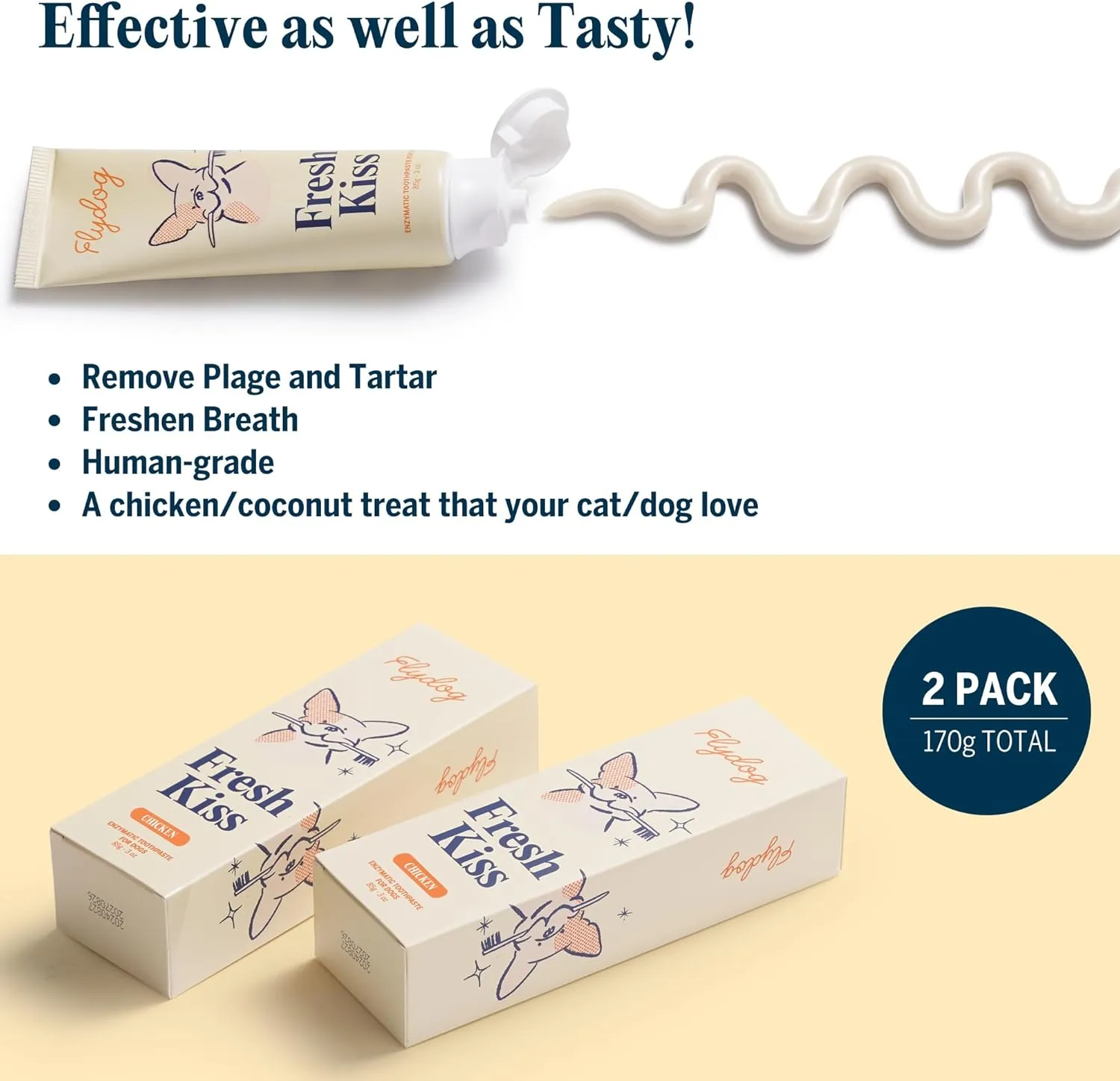 FlyDog Fresh Kiss Enzymatic Dog Toothpaste Kit - Vet Approved Organic Fomula with Coconut Oil, Tartar Remover for Dogs & Cats, 2 Tubes Pack with Toothbrushing Calendar & Brush Guide, Chicken Flavor