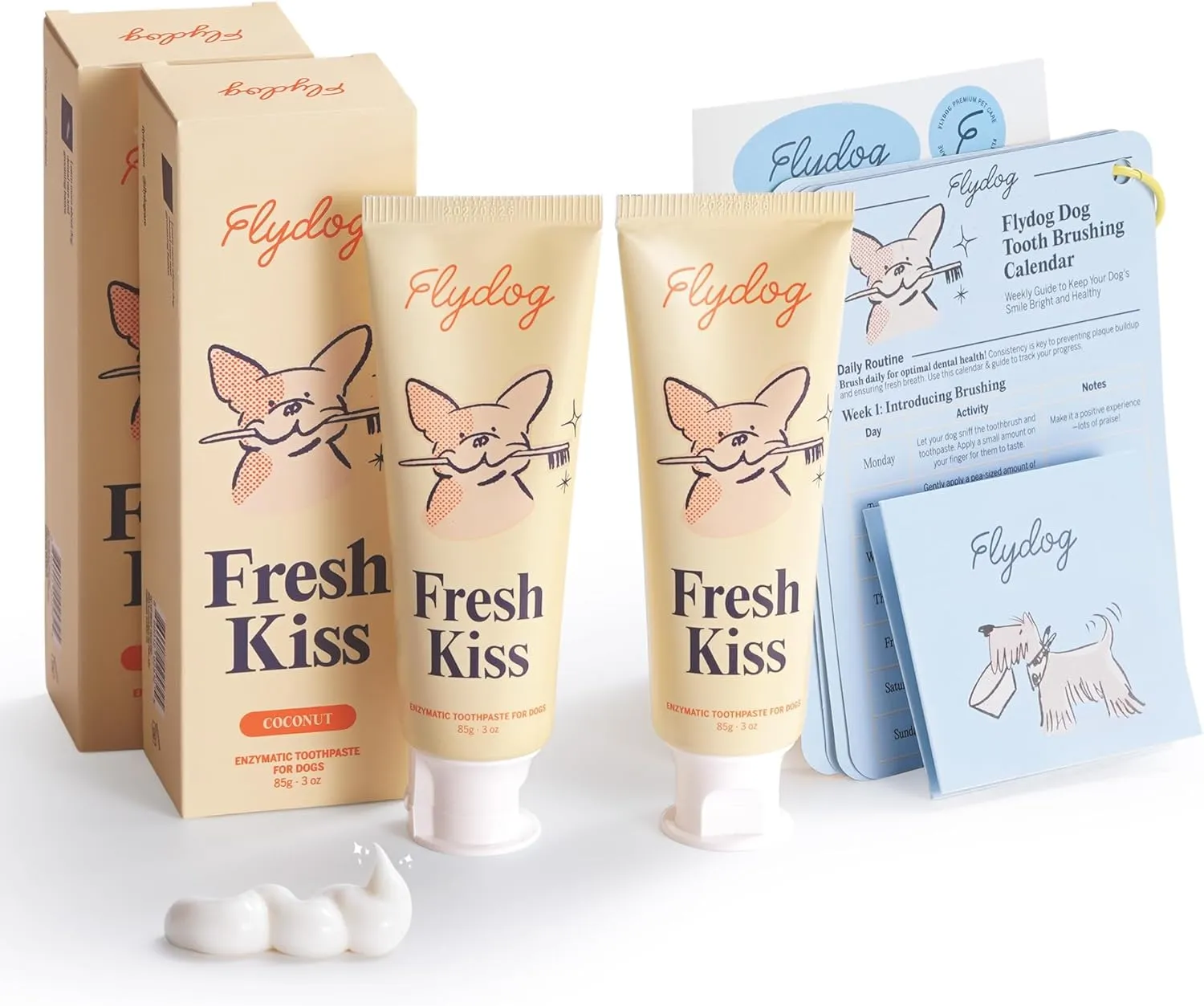 FlyDog Fresh Kiss Enzymatic Dog Toothpaste Kit - Vet Approved Organic Fomula with Coconut Oil, Tartar Remover for Dogs & Cats, 2 Tubes Pack with Toothbrushing Calendar & Brush Guide, Coconut Flavor