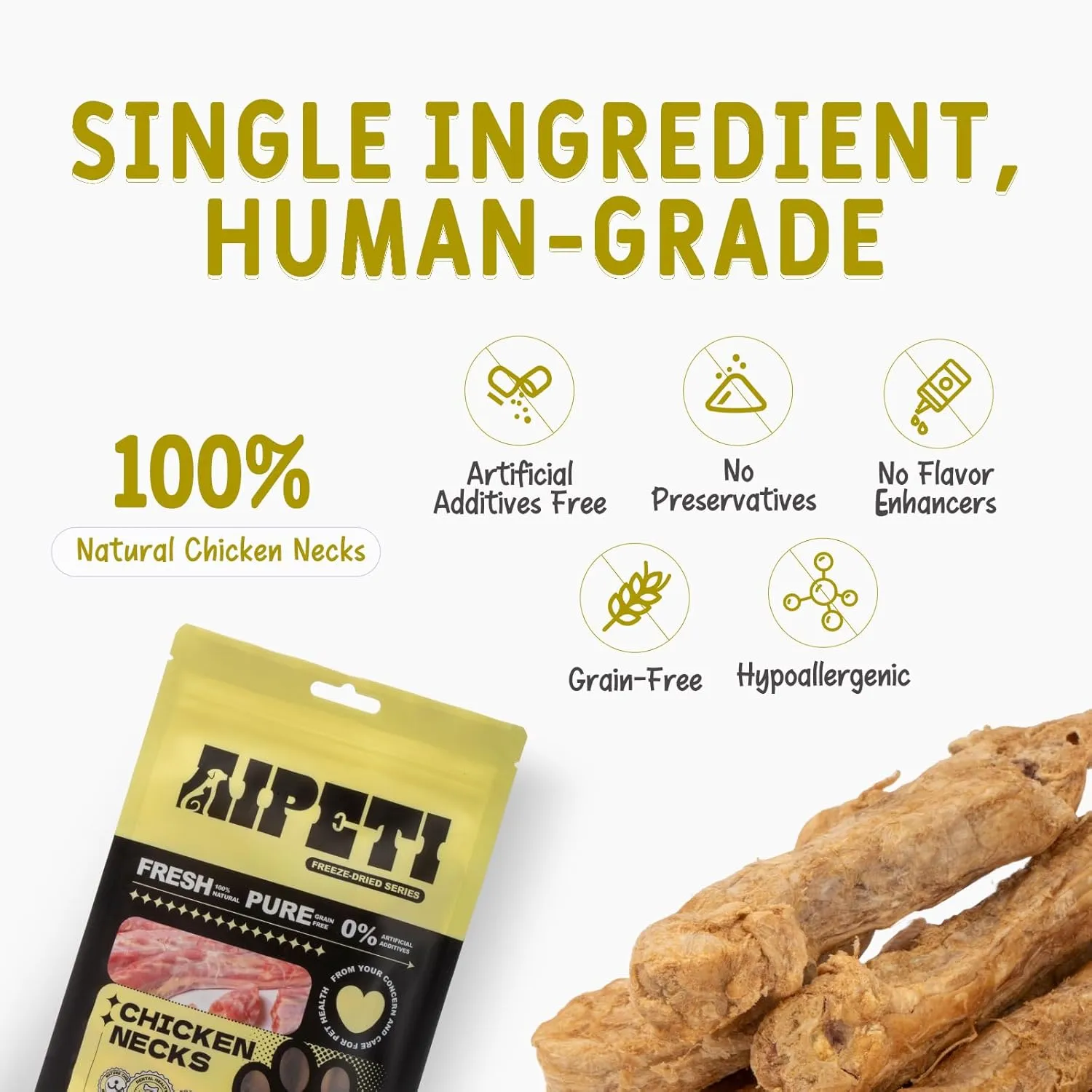 Freeze Dried Chicken Necks Treats for Dogs & Cats, Single Ingredient, 100% Human Grade, High in Calcium & Chondroitin for Strong Bones, Teeth & Joint Health, Grain Free Training Snacks