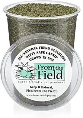 from The Field | Fine Ground Stalkless Catnip | Premium USA-Grown Catnip for Toys & Playtime | Fresh, Potent, Non-Toxic, Eco-Friendly | Safe for Kittens & Cats | Resealable 6 oz Tub
