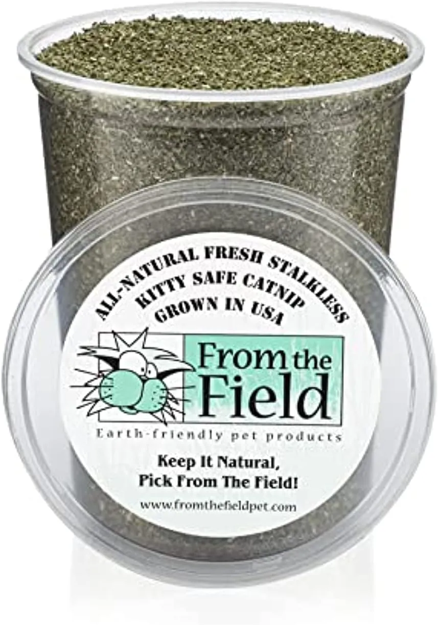 from The Field | Fine Ground Stalkless Catnip | Premium USA-Grown Catnip for Toys & Playtime | Fresh, Potent, Non-Toxic, Eco-Friendly | Safe for Kittens & Cats | Resealable 6 oz Tub