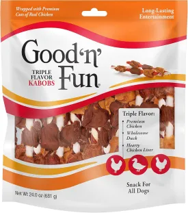 Good n Fun Triple Flavor Kabobs Chews for All Dogs, 24 Ounces, Treat Your Dog to Chews Made from Beef Hide, Real Chicken, Pork Hide, Duck and Chicken Liver