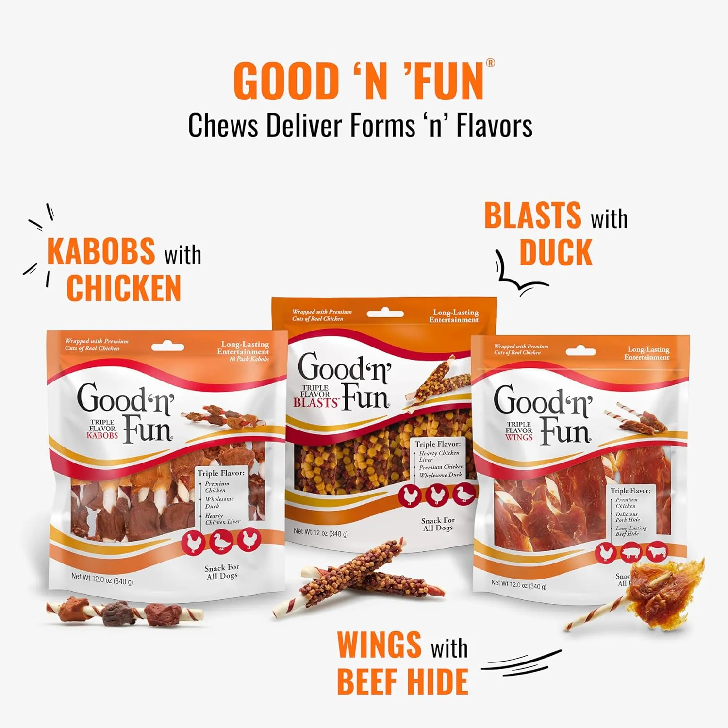 Good n Fun Triple Flavor Kabobs Chews for All Dogs, 24 Ounces, Treat Your Dog to Chews Made from Beef Hide, Real Chicken, Pork Hide, Duck and Chicken Liver