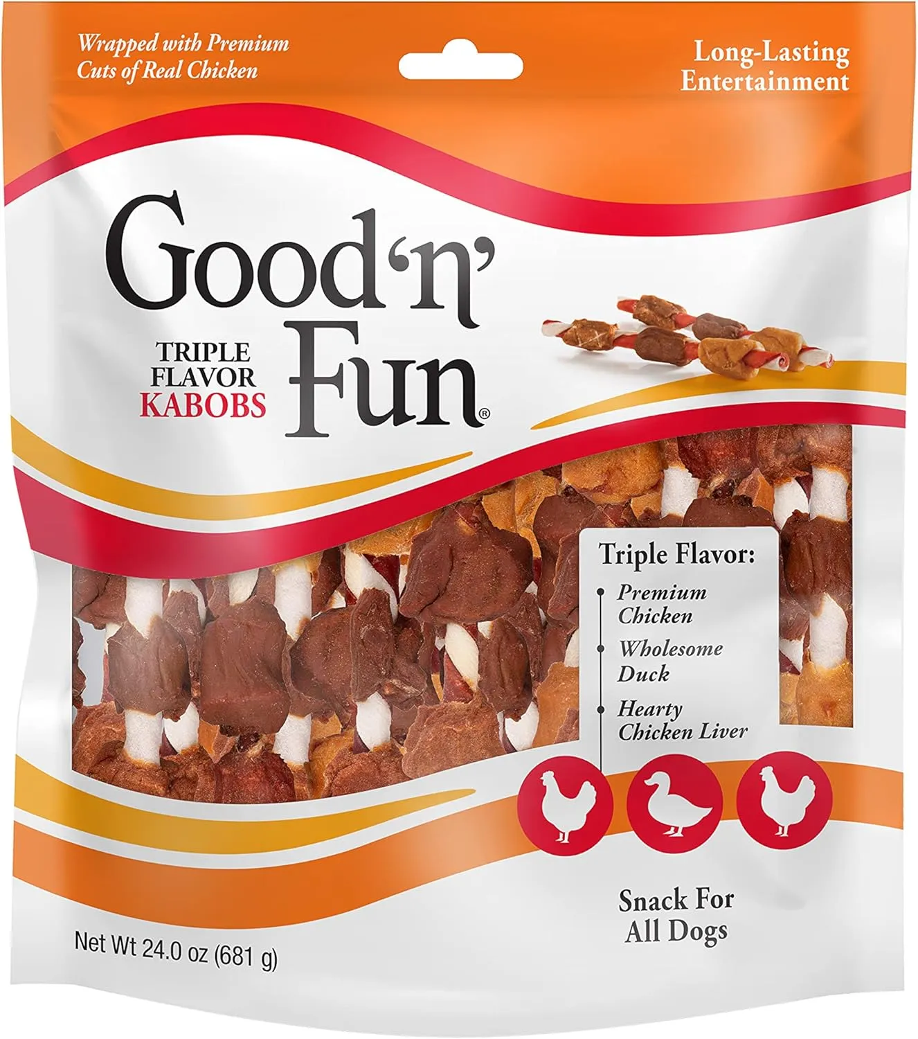 Good n Fun Triple Flavor Kabobs Chews for All Dogs, 24 Ounces, Treat Your Dog to Chews Made from Beef Hide, Real Chicken, Pork Hide, Duck and Chicken Liver