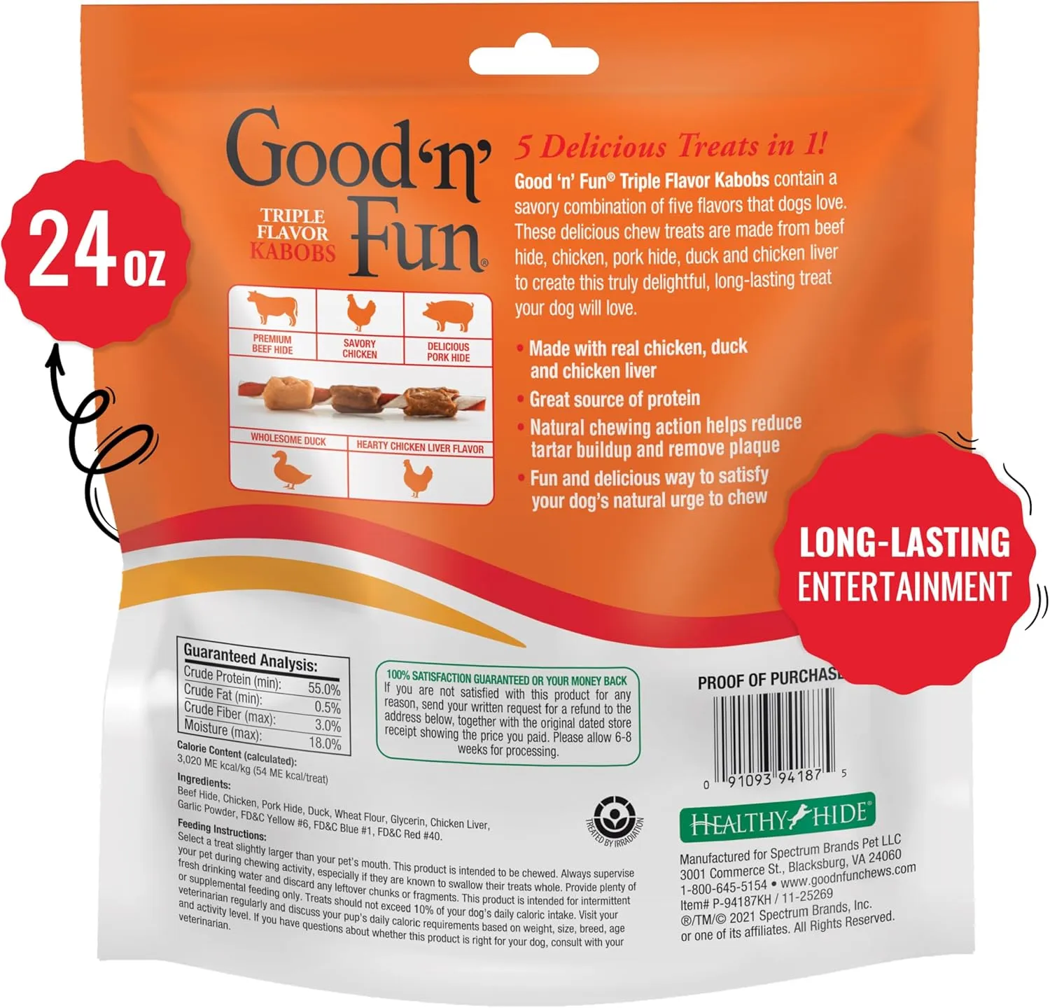 Good n Fun Triple Flavor Kabobs Chews for All Dogs, 24 Ounces, Treat Your Dog to Chews Made from Beef Hide, Real Chicken, Pork Hide, Duck and Chicken Liver