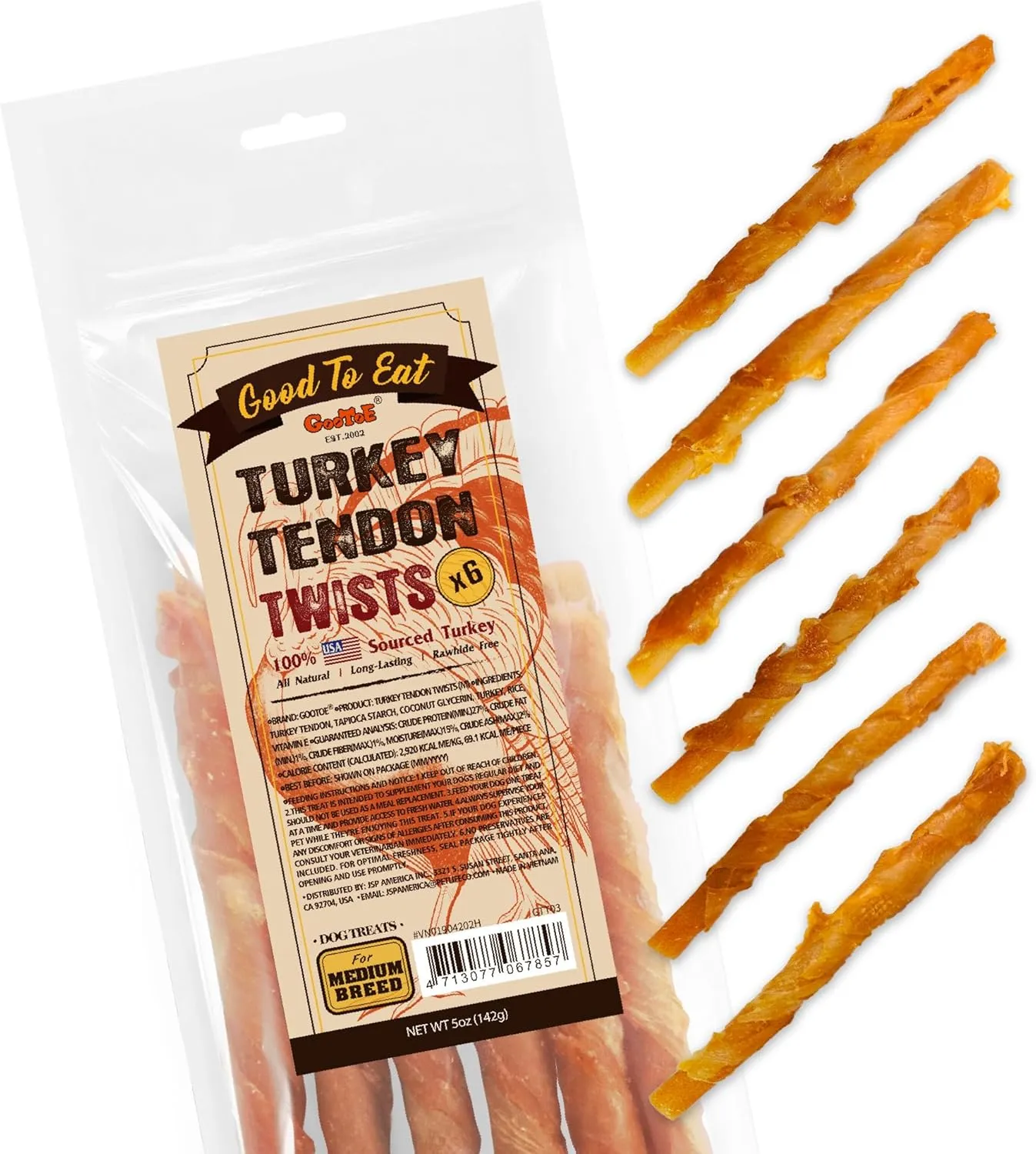 Gootoe Turkey Tendon Dog Treats, Twists (M) 5 oz, 100% USA-Sourced Turkey, Natural Snack, Premium Puppy Chews, Hypoallergenic, Rawhide-Free, Reseal Value Bags, Size for Medium Dogs