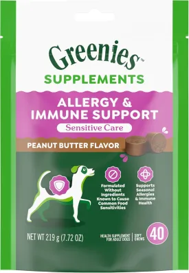 Greenies Sensitive Care Allergy & Immune Support Dog Supplement Chicken-Free Formula, Peanut Butter Flavor, 40 Count Pouch