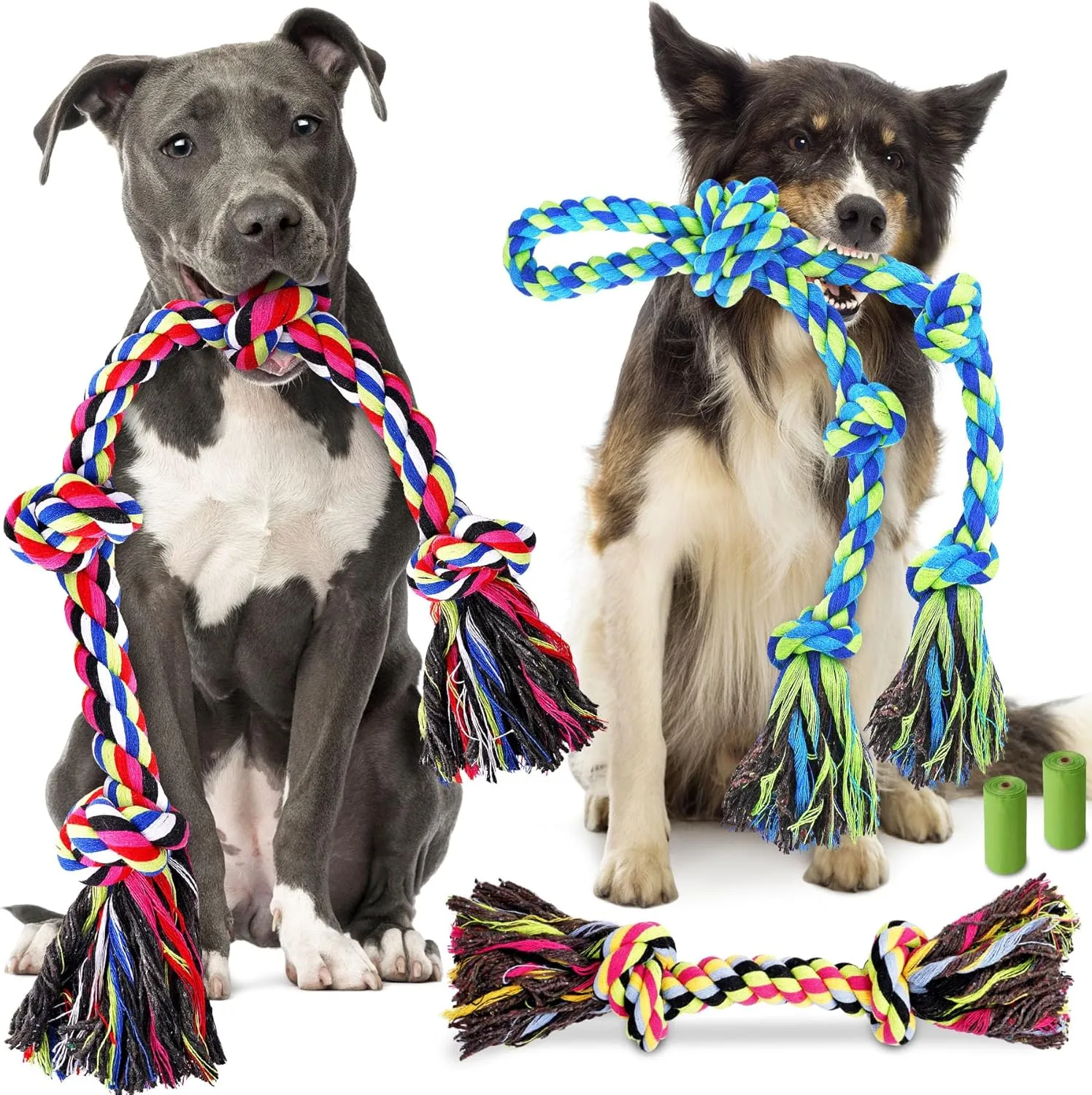 Heavy Duty Dog Toy for Aggressive Chewers  Tough Chew Toys for Large Dogs, Great for Tug-of-War & Teeth Cleaning, with 3 Rope Toys & 2 Dog Bags