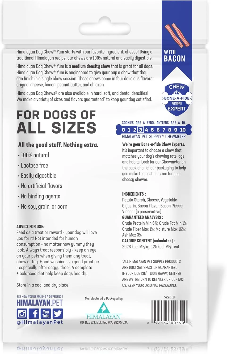 Himalayan Dog Chew Yak Cheese Dog Chews, 100% Natural, Long Lasting, Gluten Free, Healthy & Safe Dog Treats, Lactose & Grain Free, Protein Rich, for All Breeds, Medium, Bacon Flavor, 4.5 oz