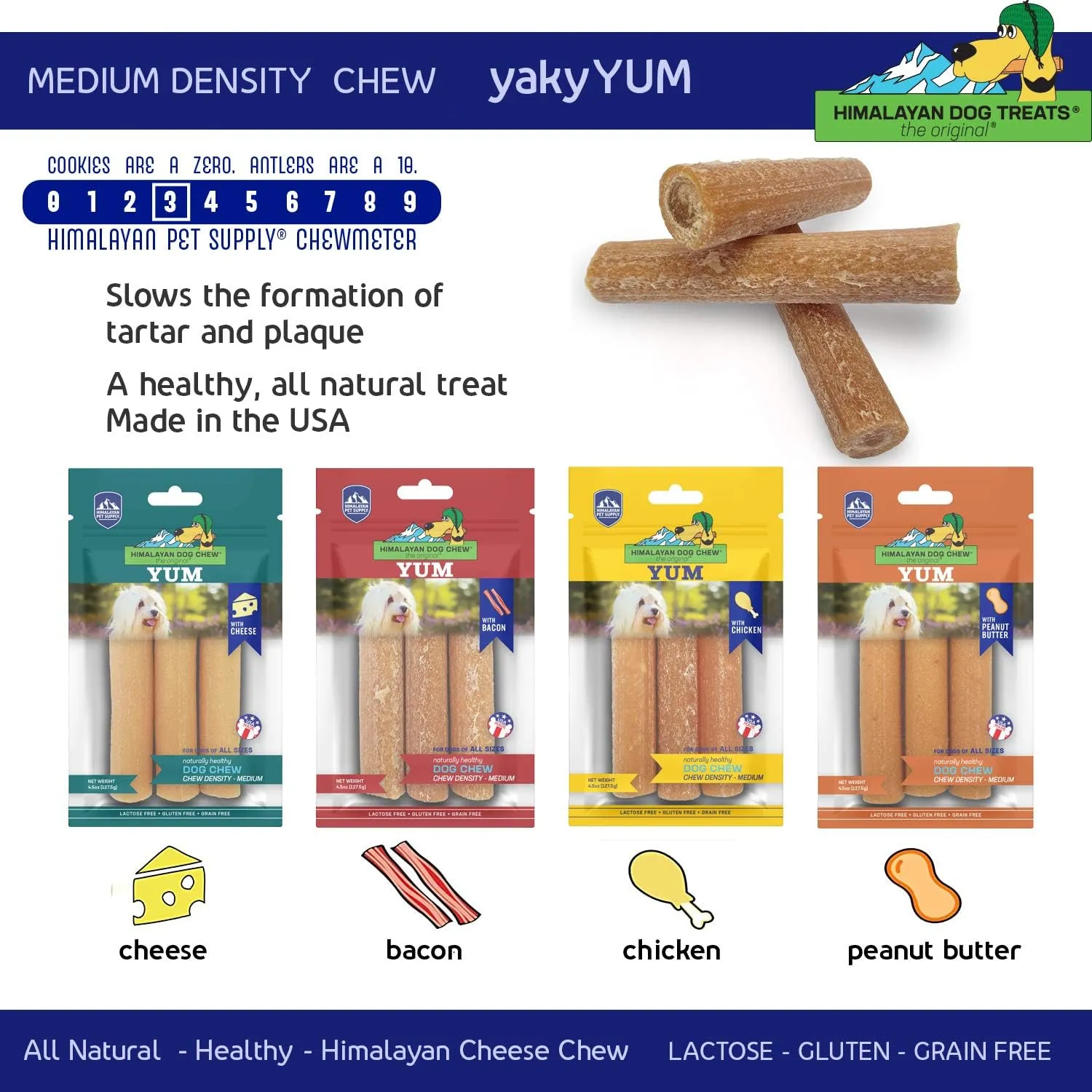Himalayan Dog Chew Yak Cheese Dog Chews, 100% Natural, Long Lasting, Gluten Free, Healthy & Safe Dog Treats, Lactose & Grain Free, Protein Rich, for All Breeds, Medium, Bacon Flavor, 4.5 oz