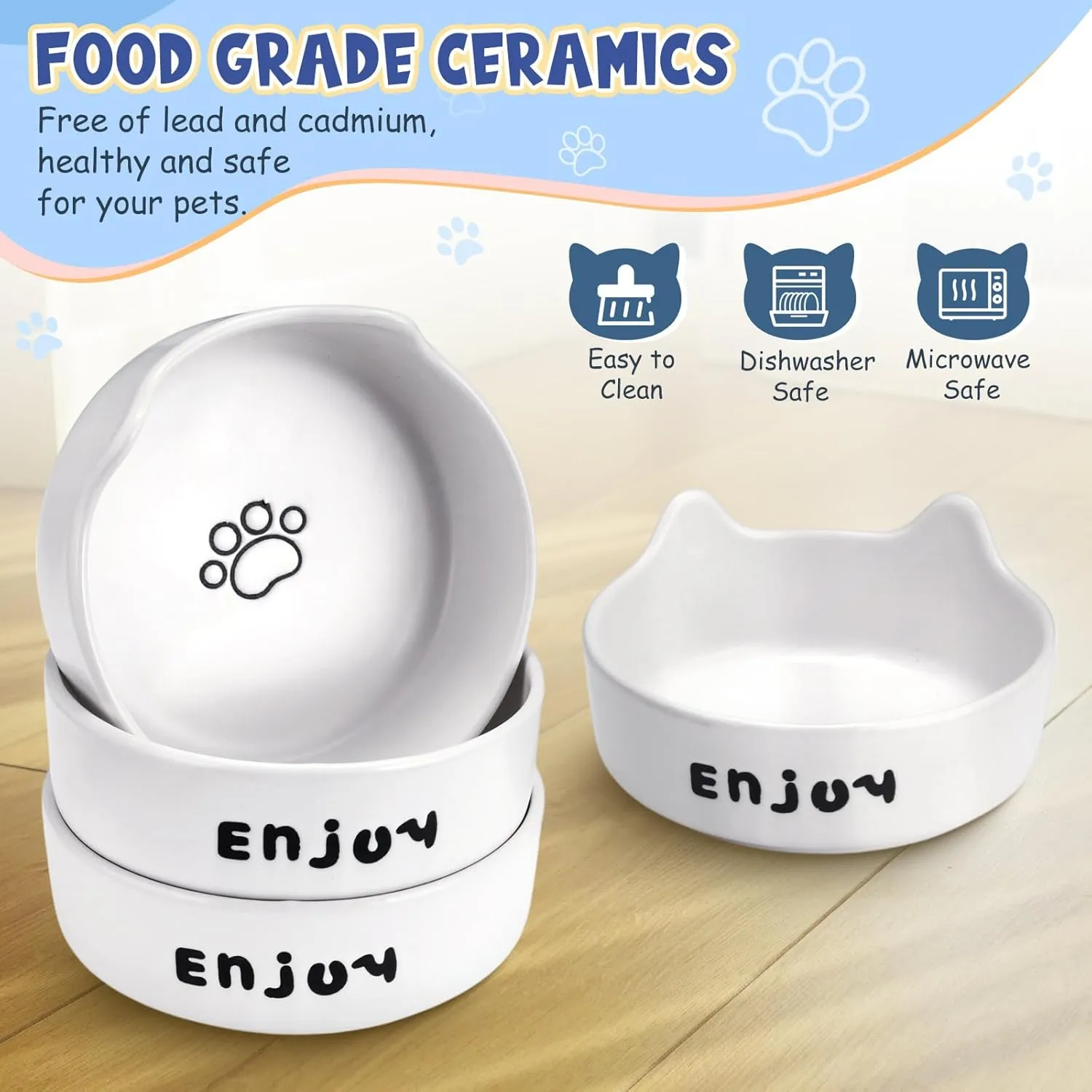 Honeydak 4 Set Shallow Elevated Cat Bowls with Bamboo Stand Ceramic Dishes Suitable for Feeding Stations for Pets Comfortable Eating Indoor Use for Cats and Kittens(White)