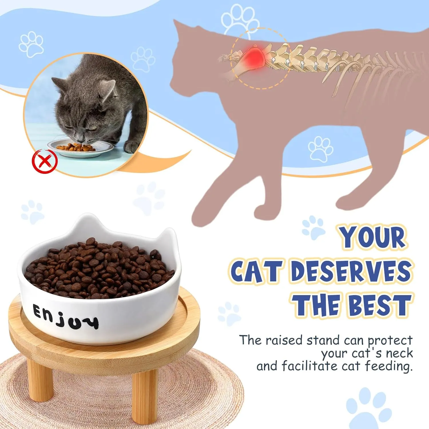 Honeydak 4 Set Shallow Elevated Cat Bowls with Bamboo Stand Ceramic Dishes Suitable for Feeding Stations for Pets Comfortable Eating Indoor Use for Cats and Kittens(White)