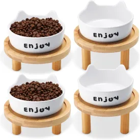 Honeydak 4 Set Shallow Elevated Cat Bowls with Bamboo Stand Ceramic Dishes Suitable for Feeding Stations for Pets Comfortable Eating Indoor Use for Cats and Kittens(White)