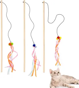 IUHKBH Cat Wand, 3 PCS Interactive Kitten Toys Wooden Handle Kitten Teaser Toys with Bell, Ribbon and Pom Poms Sturdy Cat Sticks