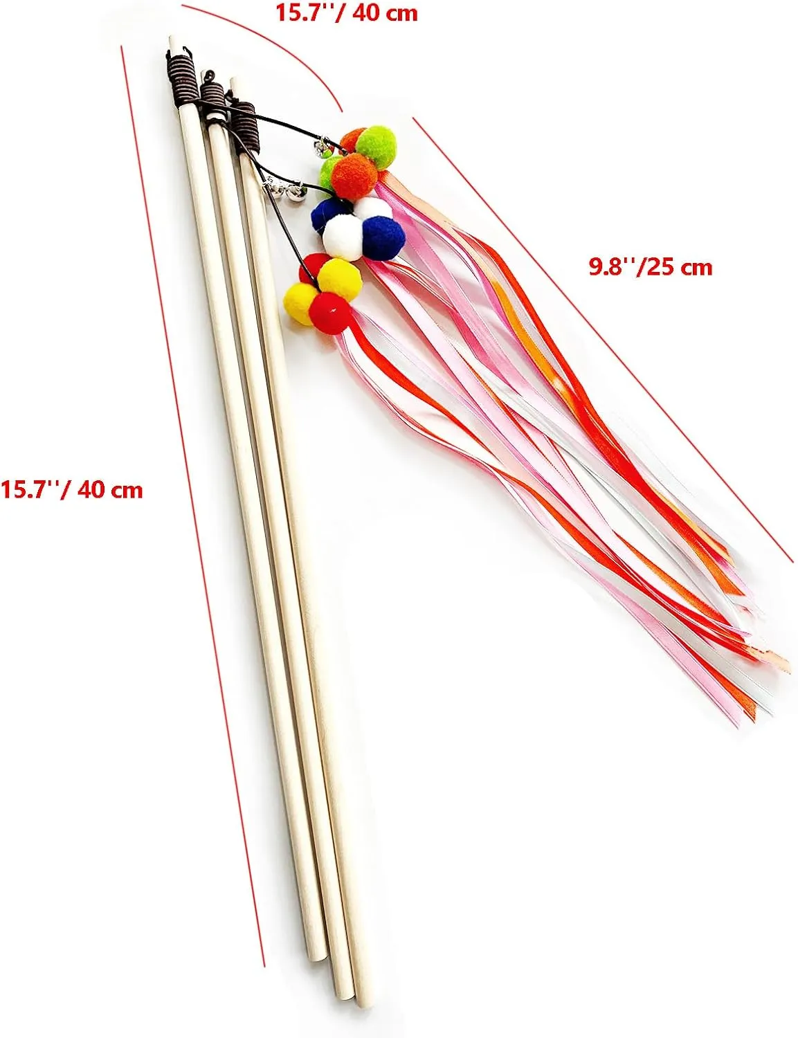 IUHKBH Cat Wand, 3 PCS Interactive Kitten Toys Wooden Handle Kitten Teaser Toys with Bell, Ribbon and Pom Poms Sturdy Cat Sticks