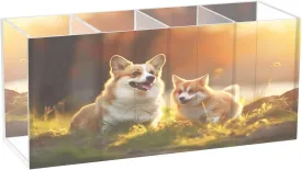 J JOYSAY Sunset Dogs Pen Holder for Desk 4 Compartments Clear Acrylic Pencil Pen Holder Cup Cosmetic Brush Storage Box Pencil Holders for Toothbrush Straw