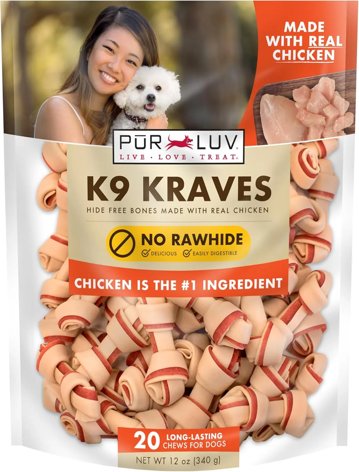 K9 Kraves Rawhide Free Bone Dog Treats, Chicken Flavor, Made with Real Chicken and Limited Ingredients, Healthy, Easily Digestible, Long Lasting, and High Protein Dog Treat, 20 Count