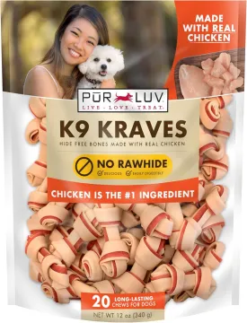 K9 Kraves Rawhide Free Bone Dog Treats, Chicken Flavor, Made with Real Chicken and Limited Ingredients, Healthy, Easily Digestible, Long Lasting, and High Protein Dog Treat, 20 Count