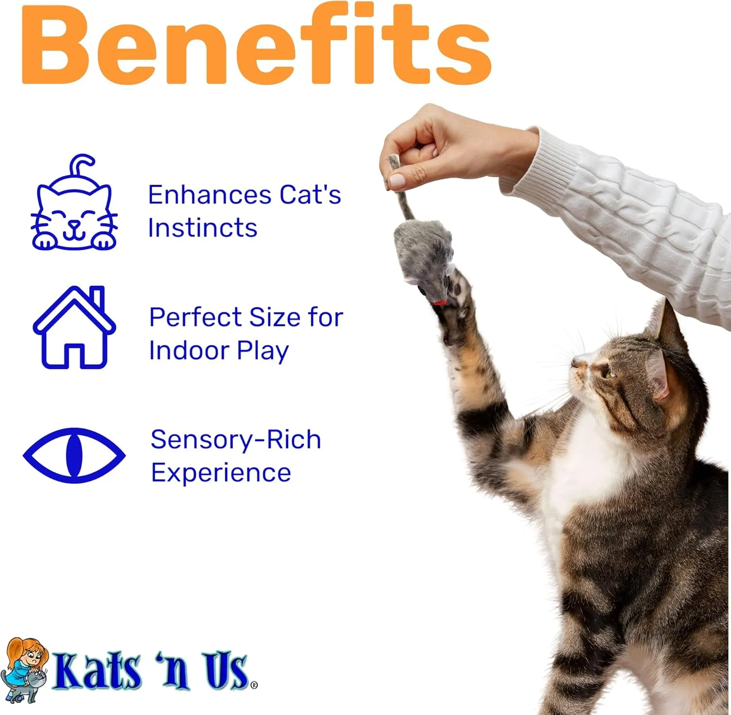 Kats'N Us Real Rabbit Fur Mouse Cat Toy Pack - Interactive Gray Mice for Indoor Cats and Kittens - Rattle Sound - Cat Entertainment - 5 Pack Gray