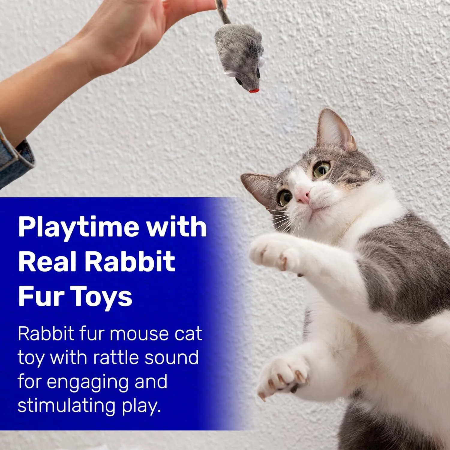 Kats'N Us Real Rabbit Fur Mouse Cat Toy Pack - Interactive Gray Mice for Indoor Cats and Kittens - Rattle Sound - Cat Entertainment - 5 Pack Gray