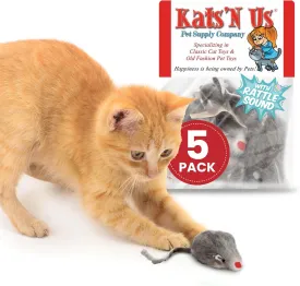 Kats'N Us Real Rabbit Fur Mouse Cat Toy Pack - Interactive Gray Mice for Indoor Cats and Kittens - Rattle Sound - Cat Entertainment - 5 Pack Gray