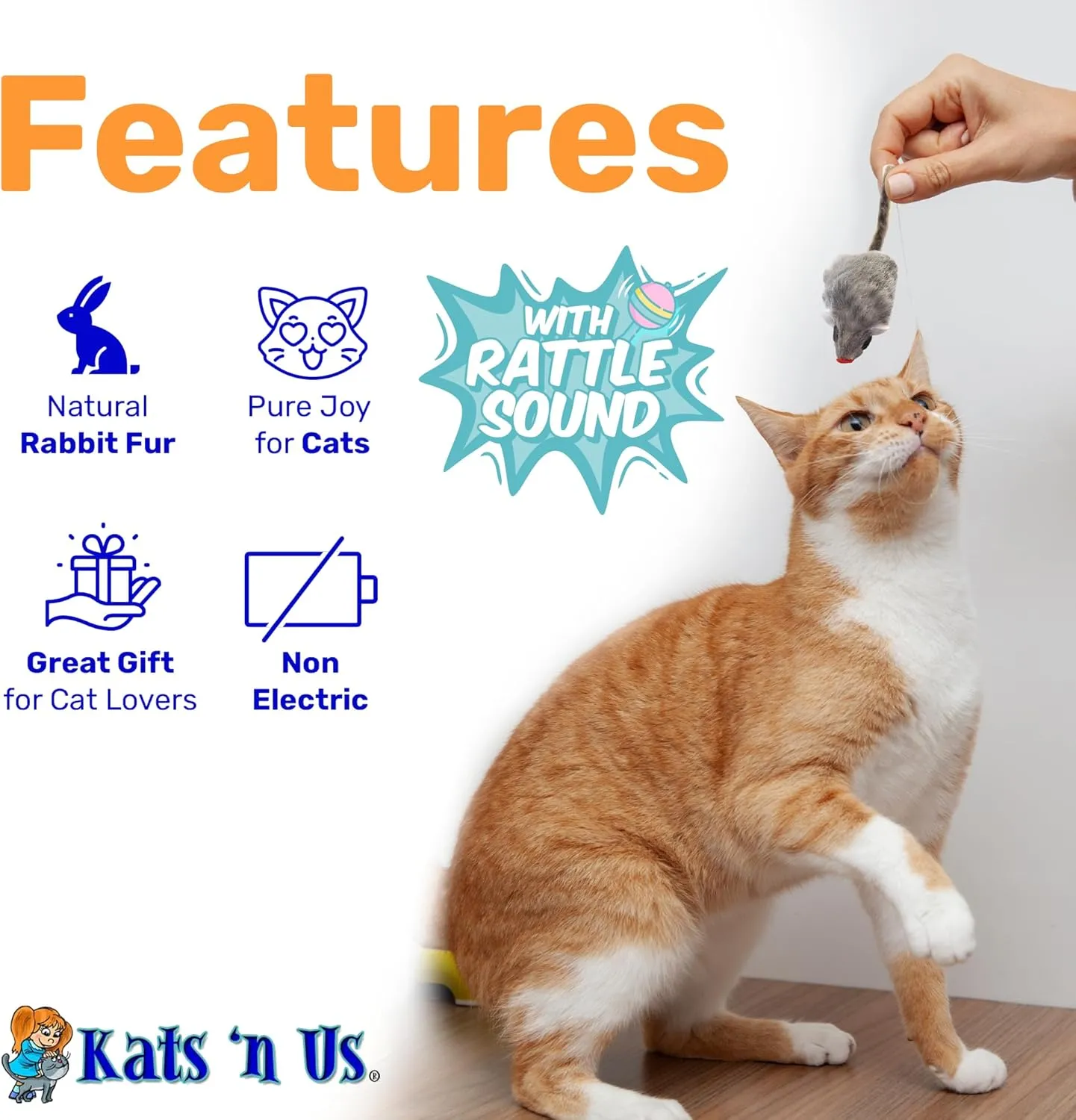 Kats'N Us Real Rabbit Fur Mouse Cat Toy Pack - Interactive Gray Mice for Indoor Cats and Kittens - Rattle Sound - Cat Entertainment - 5 Pack Gray