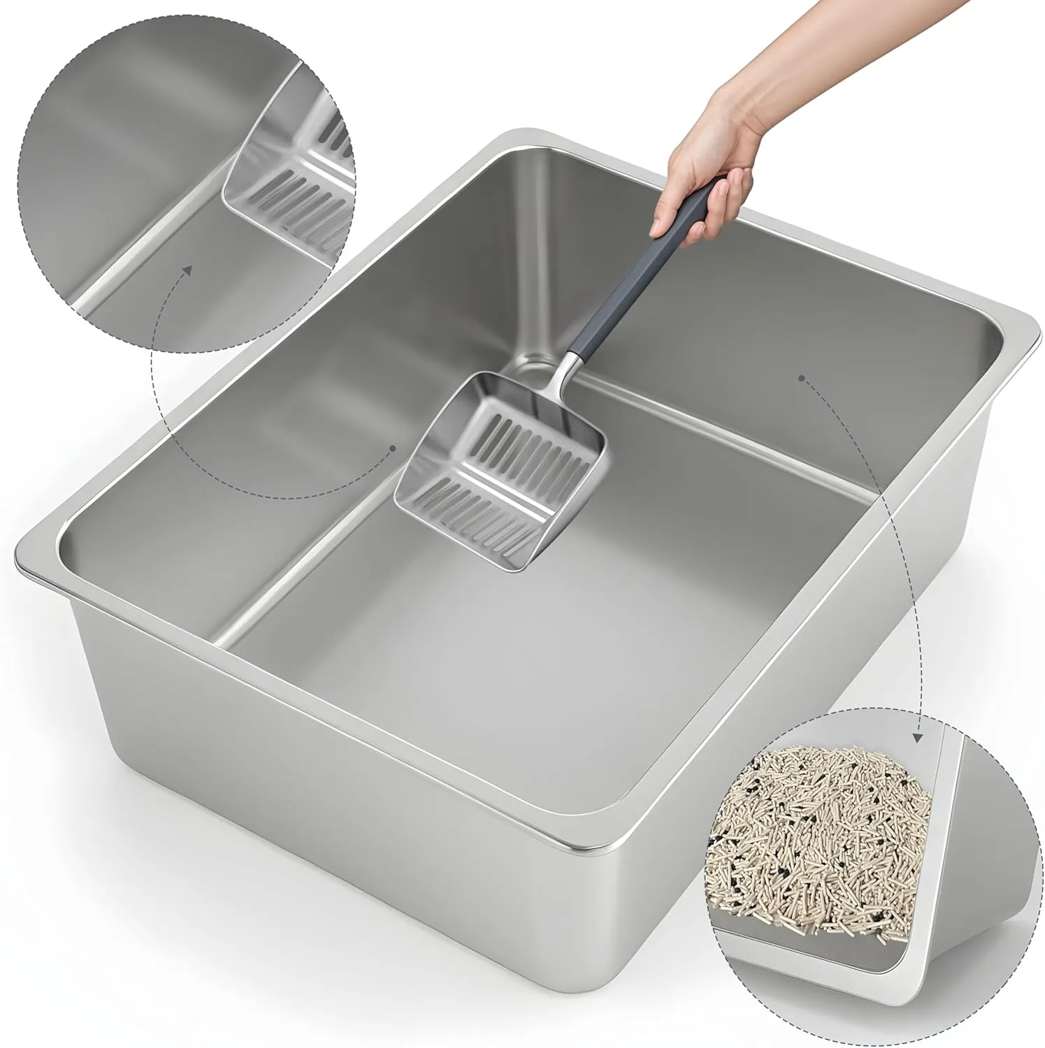 Kirecoo Stainless Steel Cat Litter Box - Metal High Sided Cat Pan, Large Stainless Steel Box, Indoor Litter Tray, Non Stick, No Smell, Easy to Clean, Pet Toilet Supplies for Kitten, Kitty, Rabbit