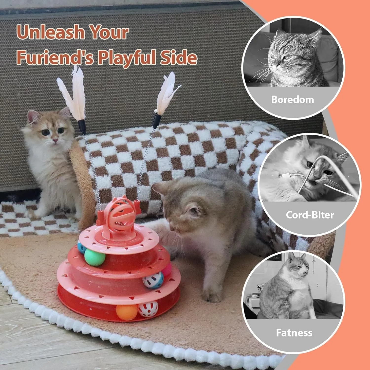 Kitten Toys, Interactive Cat Puzzle Toys for Indoor Cats, Cat Tower with 2 Kitty Teasers and Ball Track (Orange)