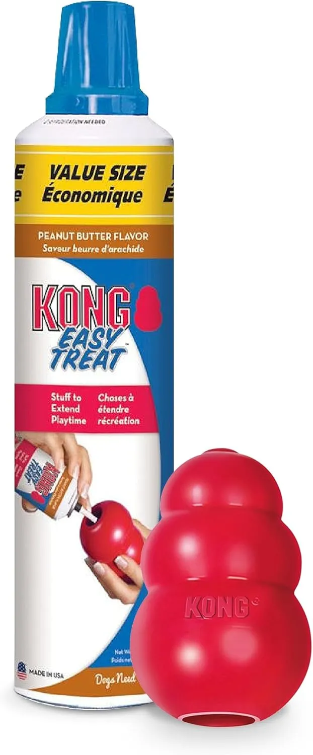 KONG Classic Stuffable Dog Toy Easy Treat Peanut Butter Spray - Fetch & Chew Toy for Dogs - with Dog Toy Filler Treat - for Hours of Fun & Enrichment - 14 oz - Medium
