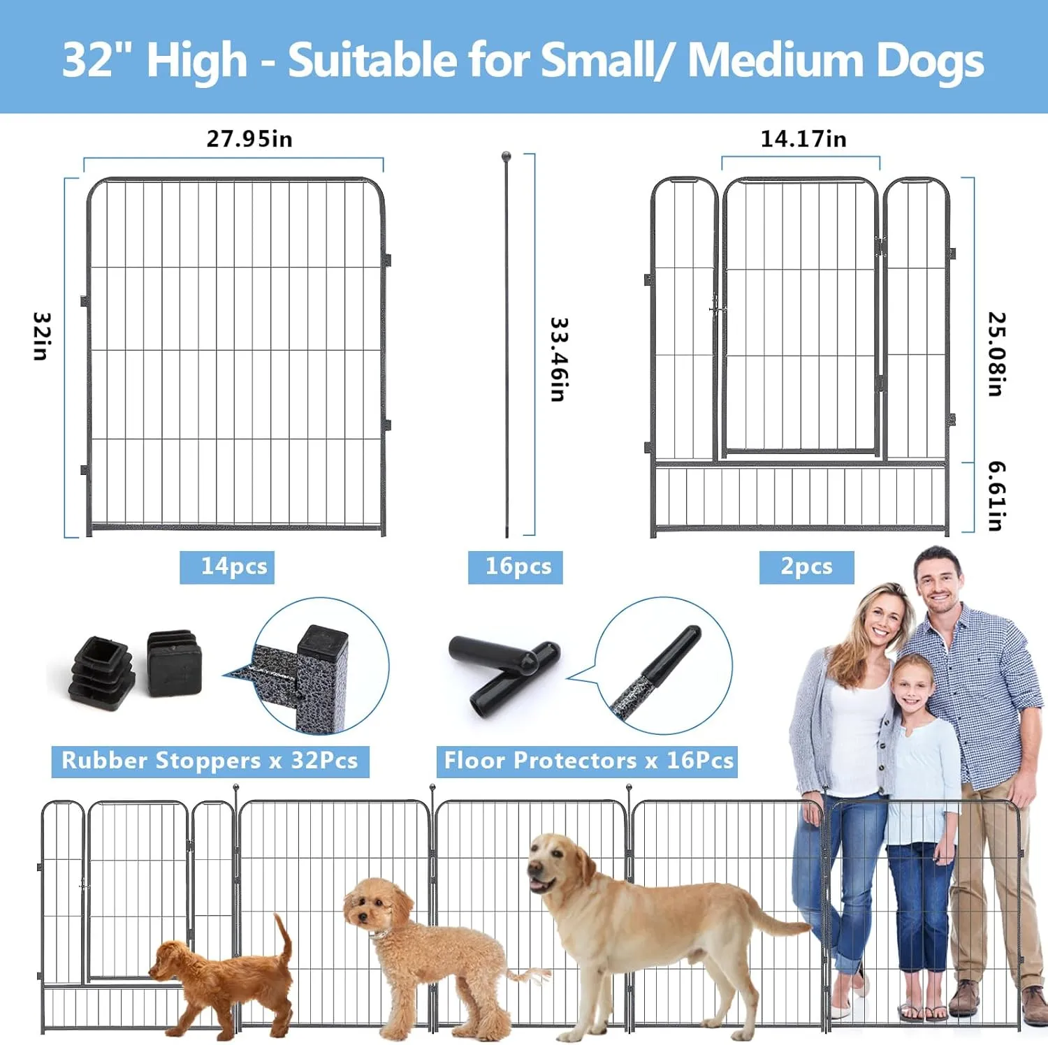 KOOPRO Dog Playpen Indoor, Dog Fence Outdoor for Yard 32" Height Heavy Duty Metal Puppy Play Pen Rustproof with Doors for Small/Medium/Large Dogs Portable Exercise Pet Fence for RV Camping, 16 Panels