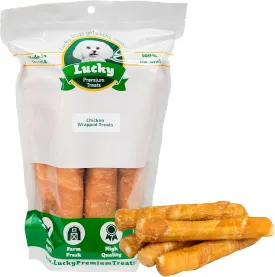 Lucky Premium Treats Chicken Wrapped Dog Treats  Bull Stick - USA Made Raw Hide for Extra Large Dogs  Long Lasting, Preservative Free Dog Treats  6 Chews